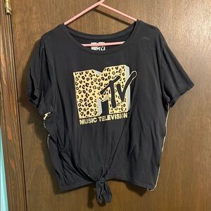 MTV Black and Leopard print Tie-Front T-Shirt